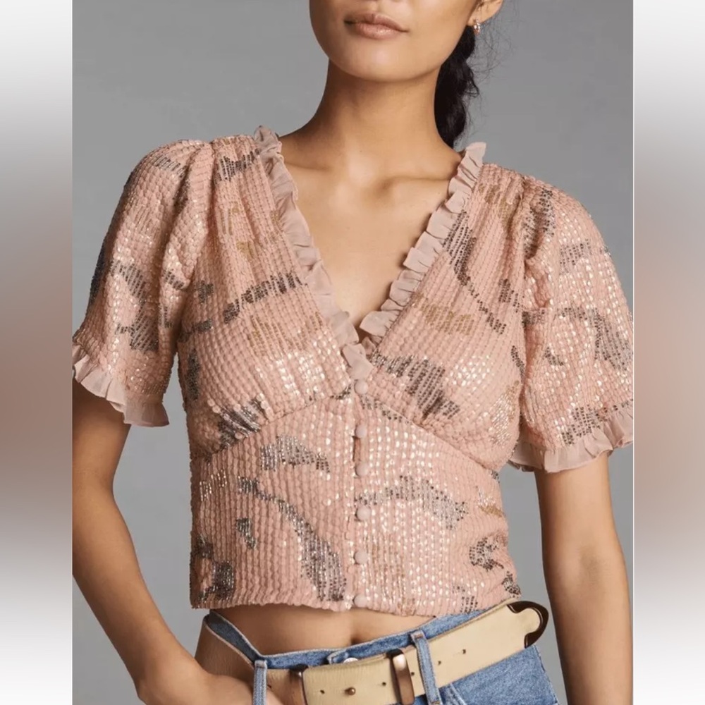 Anthropologie x Forever That Girl Sequin V-Neck Blouse Neutral Pink New Size S